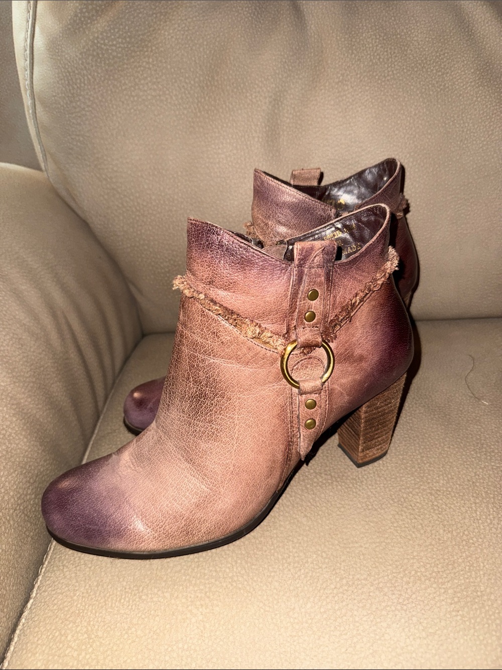 Women's Brown Distressed Leather Ankle Booties with Decorative Ring